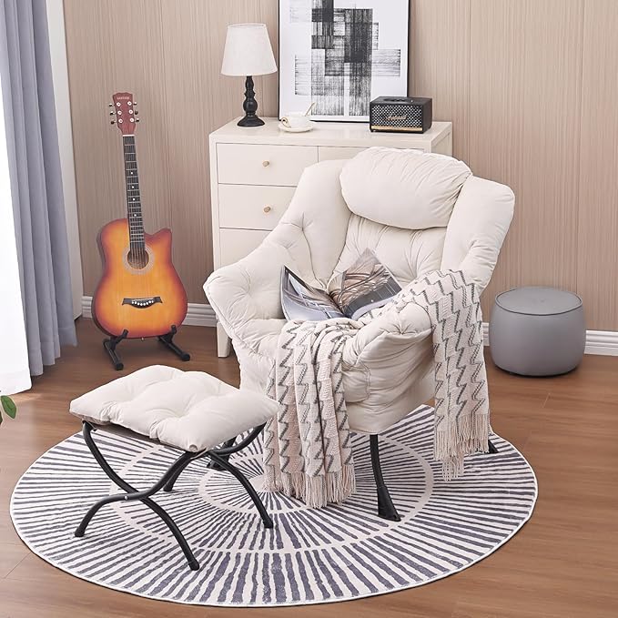 Lazy Chair and Ottoman, Large Accent Lounge Chair with Armrests and a Side Pocket, Modern Leisure Upholstered Sofa Reading Armchair with Footrest for Bedroom, Living Room, Dorm Rooms, Office - LeafyLoom