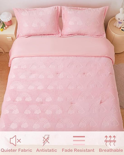 Mooreeke Twin Kids Comforter Bed Set, Embossed Plush Fleece Soft & Warm 2 Piece Bed in A Bag with Shams, Velour Velvet Pink Rainbow Girls Kids Bedding Set, Fluffy Fuzzy Polar Cozy and Stylish - LeafyLoom