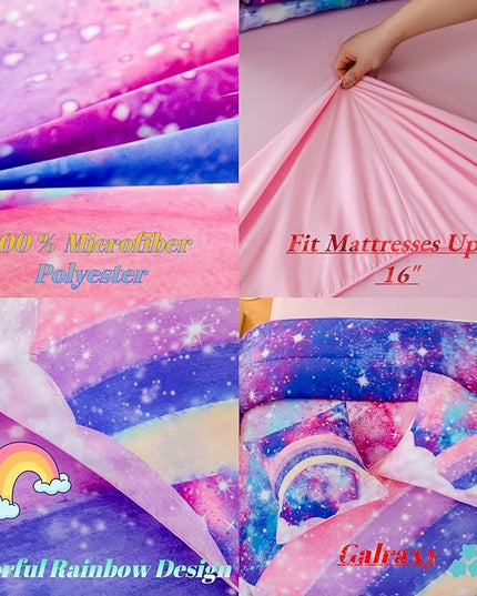 6 Pcs Tie Dye Pink Twin Comforter Set for Girls, 3D Rainbow Galaxy Gradient Themed Bed in A Bag, Pastle Nebula Kids Bedding Set with Sheets, Comforter and Pillowcases for All Season - LeafyLoom