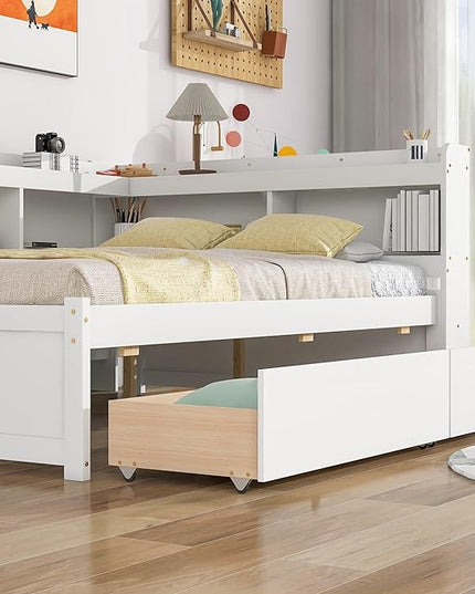 Full Size Bed with Storage Drawers and L-Shaped Bookcases, Wood Platform Bed Daybed Sofa Bed Frame with Headboard for Bedroom Living Room, White - LeafyLoom