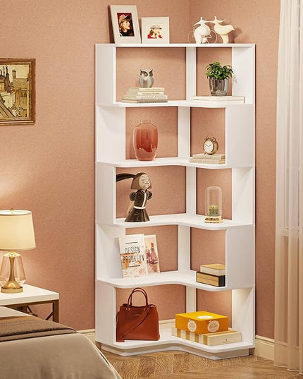 Corner Bookshelf, 64.9 Inch Tall Bookcase with Anti-Drop Panel, Modern Freestanding Corner Shelf Display Rack Storage Organizer for Home Office, Living Room, White - LeafyLoom
