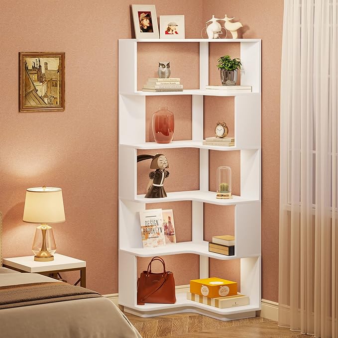Corner Bookshelf, 64.9 Inch Tall Bookcase with Anti-Drop Panel, Modern Freestanding Corner Shelf Display Rack Storage Organizer for Home Office, Living Room, White - LeafyLoom