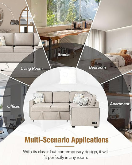 83“ L-Shape Sectional Sleeper Sofa with Pull out Bed, Linen Upholstered Convertible Couch w/ 3 Pillows, 2 Power Sockets &2 USB ports, for Living Room Apartment, 83 Inch, Cream - LeafyLoom
