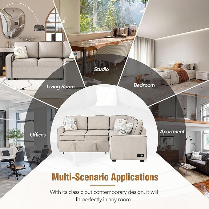 83“ L-Shape Sectional Sleeper Sofa with Pull out Bed, Linen Upholstered Convertible Couch w/ 3 Pillows, 2 Power Sockets &2 USB ports, for Living Room Apartment, 83 Inch, Cream - LeafyLoom