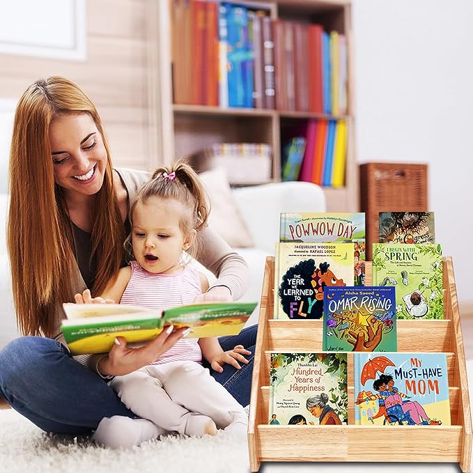 5 Tier Montessori Bookshelf Solid Wood, Nursery Bookcase, Toddler Book Display Shelf for Toddler, 17" Height - LeafyLoom