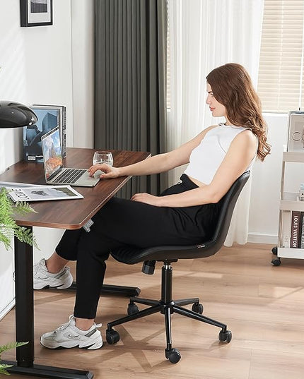 YOUNIKE Office Chair, Armless Desk Chair with Wheels, Home Office Computer Task Chairs, Modern Faux Leather Padded Vanity Chair, Adjustable Swivel Rocking Chair with Back, Black - LeafyLoom