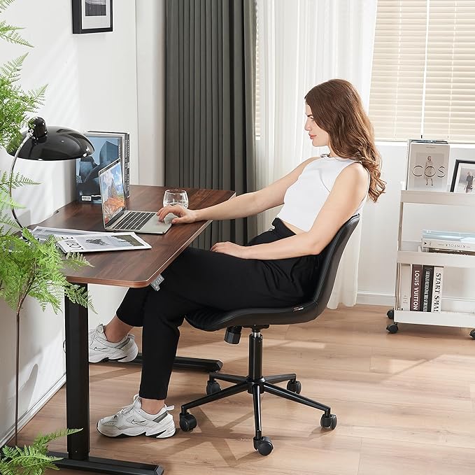 YOUNIKE Office Chair, Armless Desk Chair with Wheels, Home Office Computer Task Chairs, Modern Faux Leather Padded Vanity Chair, Adjustable Swivel Rocking Chair with Back, Black - LeafyLoom
