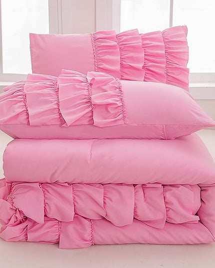 Pink Comforter Queen Set for Girls, 3 Pieces Lightweight and Soft Comforter (1 Ruffle Comforter and 2 Pillowcases), All Season Use Microfiber Bedding Comforter Set - LeafyLoom