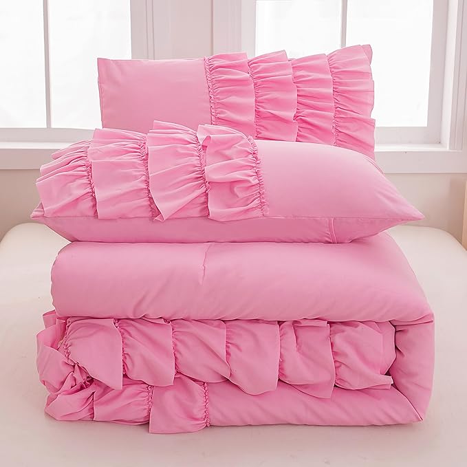 Pink Comforter Queen Set for Girls, 3 Pieces Lightweight and Soft Comforter (1 Ruffle Comforter and 2 Pillowcases), All Season Use Microfiber Bedding Comforter Set - LeafyLoom