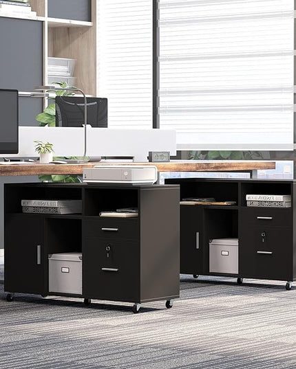 YITAHOME Wood Lateral File Cabinet, 2 Drawer Mobile Storage Cabinet, Fits A4, Letter Size Files, Printer Stand with Open Storage Shelves, Modern Filing Cabinet for Home Office, Black - LeafyLoom