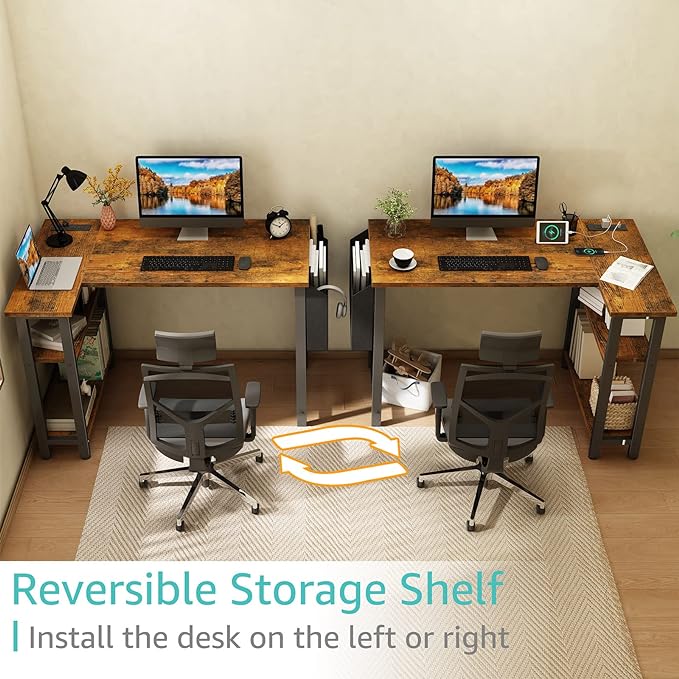 Lufeiya Small L Shaped Desk with Power Outlet Shelves, 40 Inch Corner Desk for Small Space Home Office, L-Shaped Computer Desk PC Desks with Charging Station, Rustic Brown - LeafyLoom