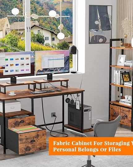 Furologee Computer Desk with Drawer and Power Outlets, 47" Office Desk with 2 Monitor Stands and Fabric File Cabinet, Writing Gaming Table with Shelves and 2 Hooks for Home Office, Rustic Brown - LeafyLoom