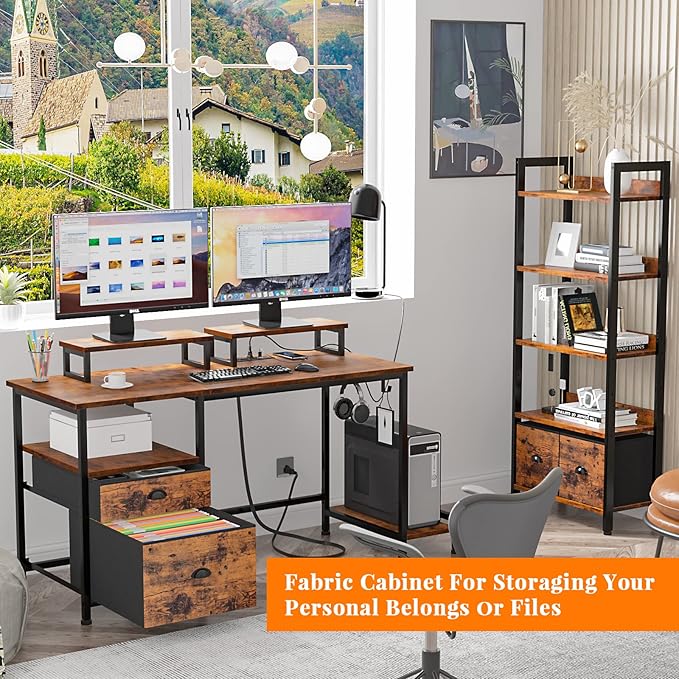 Furologee Computer Desk with Drawer and Power Outlets, 47" Office Desk with 2 Monitor Stands and Fabric File Cabinet, Writing Gaming Table with Shelves and 2 Hooks for Home Office, Rustic Brown - LeafyLoom