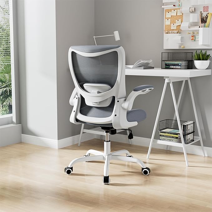 Office Chair, Ergonomic Desk Chair with Adjustable Lumbar Support and Flip up Armrest, Breathable Mesh Computer Chair for Home Office, Gray - LeafyLoom
