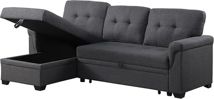 L-Shape Sectional Sleeper Couches with Chaise Storage and Pull, 84 inch 3 Seater Sofa Bed w/Tufted Linen Backrest for Living Spaces Apartment Dorm, Gray, 84inch, Dark Grey-4 - LeafyLoom