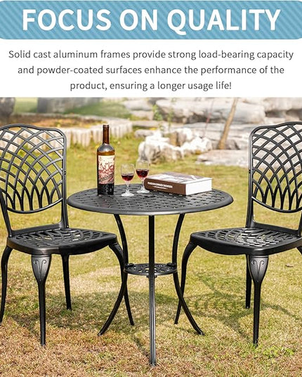 3 Piece Bistro Table Set Anti-Rust Outdoor Bistro Set Cast Alumiunm Patio Table and Chairs Set for 2, Patio Bistro Set Furniture Black - LeafyLoom