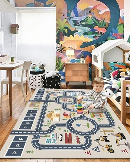 kid rug carpet playmat for toy cars and trains,road traffic kids play area rug,city Life town play Mat for Playroom Bedroom Boys,Children's Educational Fun Throw Rug with Rubber Backing 63X91IN - LeafyLoom