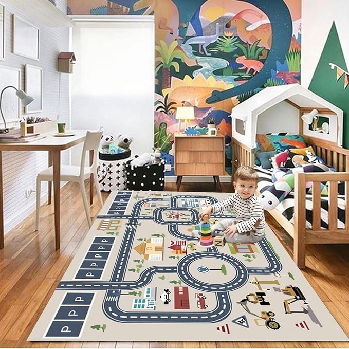 kid rug carpet playmat for toy cars and trains,road traffic kids play area rug,city Life town play Mat for Playroom Bedroom Boys,Children's Educational Fun Throw Rug with Rubber Backing 63X91IN - LeafyLoom