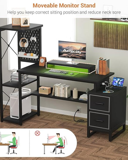 Computer Desk with 2 Fabric Drawers - Reversible Home Office Desk with Power Outlet & LED Lights, 53" Writing Desk with Monitor Stand & Storage Shelves, Gaming Desk Study Table with Pegboard, Black - LeafyLoom