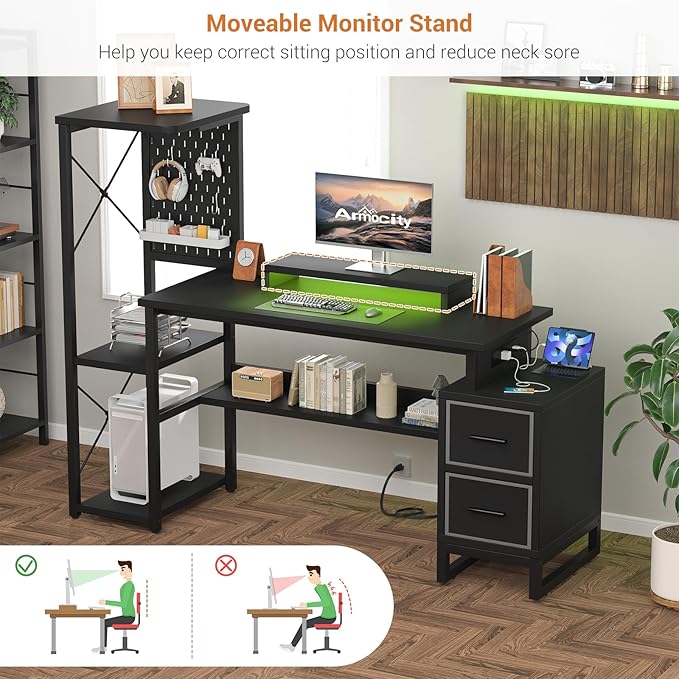 Computer Desk with 2 Fabric Drawers - Reversible Home Office Desk with Power Outlet & LED Lights, 53" Writing Desk with Monitor Stand & Storage Shelves, Gaming Desk Study Table with Pegboard, Black - LeafyLoom