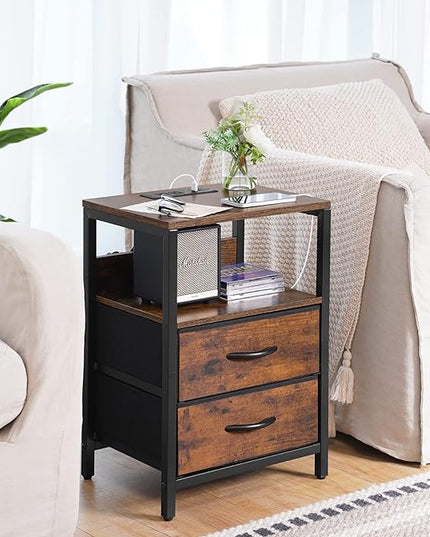 Yoobure Nightstand with Charging Station, Small Night Stand with Fabric Drawers and Storage Shelf for Bedrooms, Small Spaces, Bedside Table with USB Ports & Outlets - LeafyLoom