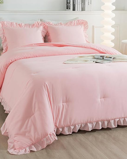 Andency Pink Comforter Set Full, 3 Pieces Lightweight Soft Rustic Pink Ruffle Comforter Women Girls, Solid Farmhouse Shabby Chic Microfiber Bedding Comforter Set - LeafyLoom