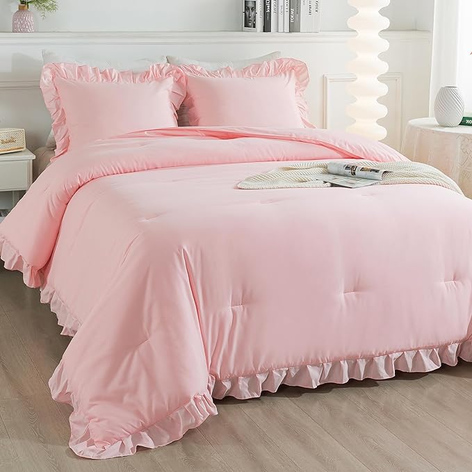 Andency Pink California King Comforter Set, 3 Pieces Cal King Light Pink Ruffle Comforter, Lightweight Soft Oversized Farmhouse Shabby Chic Microfiber Bedding Set (104x96Inch) - LeafyLoom
