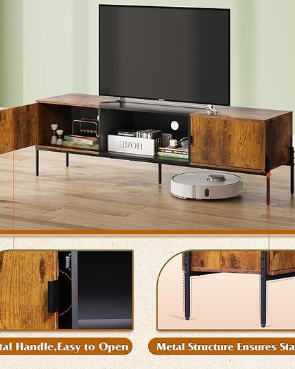 WLIVE Modern TV Stand for 65 Inch TV, Mid Century Entainment Center with Storage, TV Console with Open Shelf and 2 Cabinets for Bedroom and Living Room, TV Cabinet with Metal Legs, Rustic Brown - LeafyLoom