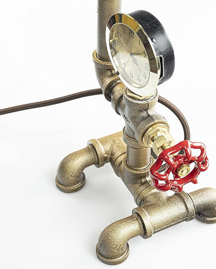 Steampunk Lamp with Dimmer, Dimmable Loft Style Industrial Vintage Antique Style Light with Bulb, Clock with Iron Piping Desk Lamp, Retro Desk Lamp LL-029 - LeafyLoom