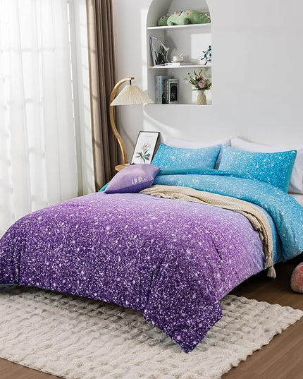 Holawakaka Kids Space Star Glitter Comforter Set Queen Size Girls Ombre Blue & Purple Print Gradient Teens Bedding Set Teens Galaxy Bed Sets (Blue Purple, Queen) - LeafyLoom