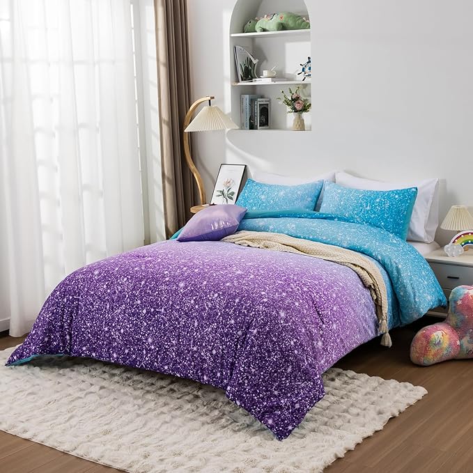 Holawakaka Kids Space Star Glitter Comforter Set Queen Size Girls Ombre Blue & Purple Print Gradient Teens Bedding Set Teens Galaxy Bed Sets (Blue purple, Full) - LeafyLoom