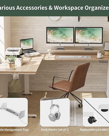 FEZIBO 75 Inches Triple Motor L Shaped Standing Desk Reversible, Electric Height Adjustable Corner Stand up Desk, Sit Stand Desk Computer Workstation, White Frame/Light Walnut Top - LeafyLoom