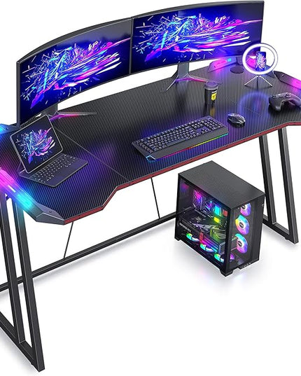 CubiCubi Gaming Desk with LED Lights, 55 Inch Z Shaped Gamer Desk, Home Game Computer Desk with Carbon Fiber Surface, Ergonomic Office PC Workstation with Cable Management, Black - LeafyLoom