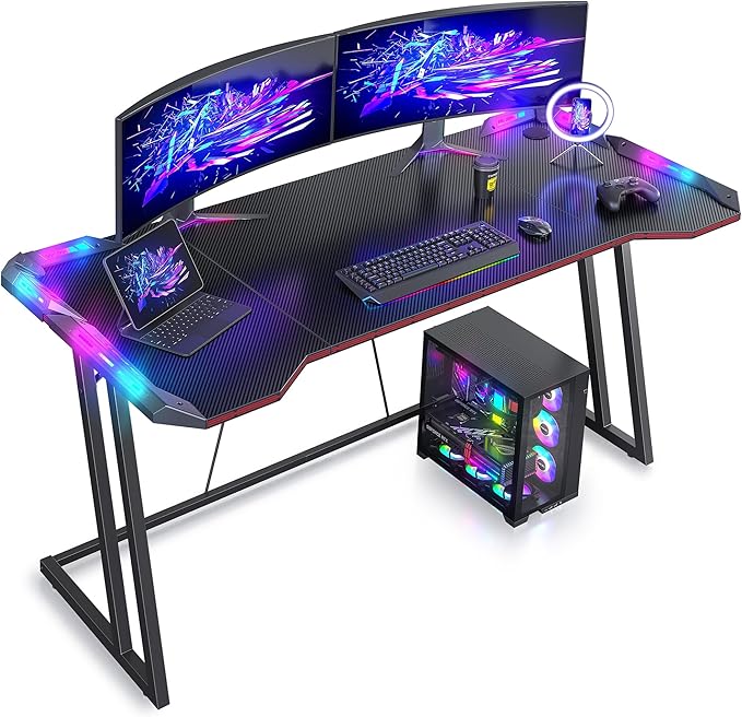 CubiCubi Gaming Desk with LED Lights, 55 Inch Z Shaped Gamer Desk, Home Game Computer Desk with Carbon Fiber Surface, Ergonomic Office PC Workstation with Cable Management, Black - LeafyLoom