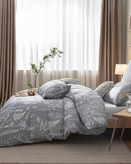 JANZAA Twin Comforter Set Floral Comforter Set Bedding Set White Flower Printing on Gray Comforter with 1 Pillow Case for All Season Using - LeafyLoom