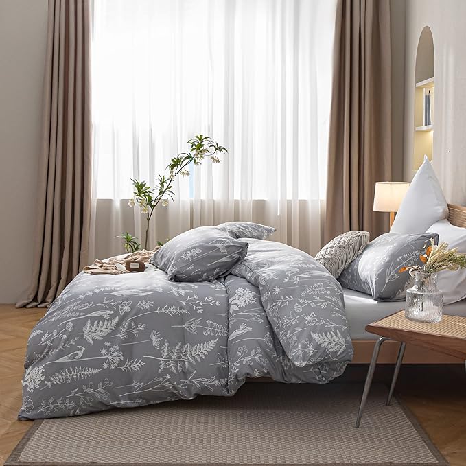 JANZAA California King Comforter Set 3PCS Comforter Set Floral Comforter Set Bedding Set White Flower Printing on Gray Comforter with 2 Pillow Cases for All Season - LeafyLoom