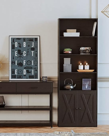 IRONCK Industrial Bookshelves and Bookcases with Doors Floor Standing 6 Shelf Display Storage Shelves 70 in Tall Bookcase for Home Office, Living Room - LeafyLoom