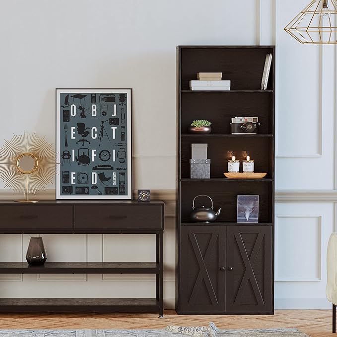 IRONCK Industrial Bookshelves and Bookcases with Doors Floor Standing 6 Shelf Display Storage Shelves 70 in Tall Bookcase for Home Office, Living Room - LeafyLoom