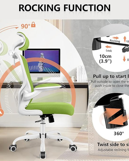 FelixKing Office Chair with Headrest, Ergonomic Desk Chair with Wheels, Task Swivel Comfy Chair with Adjustable Lumbar Support, Breathable Mesh Computer Chair with flip-up Armrests (Green) - LeafyLoom