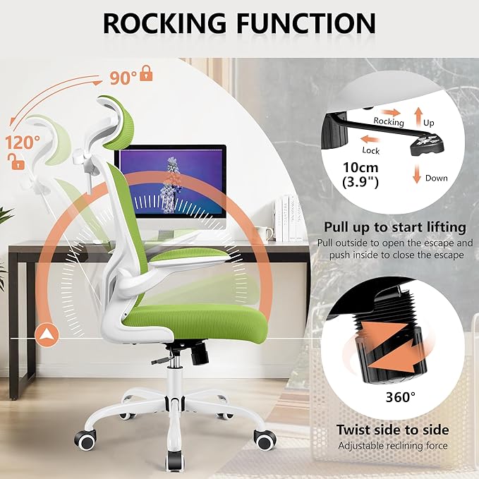FelixKing Office Chair with Headrest, Ergonomic Desk Chair with Wheels, Task Swivel Comfy Chair with Adjustable Lumbar Support, Breathable Mesh Computer Chair with flip-up Armrests (Green) - LeafyLoom