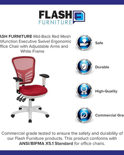 Flash Furniture Nicholas Mid-Back Red Mesh Multifunction Executive Swivel Ergonomic Office Chair with Adjustable Arms and White Frame - LeafyLoom