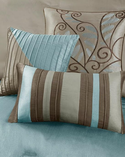 Madison Park Amherst Faux Silk Comforter Set-Casual Contemporary Design All Season Down Alternative Bedding, Matching Shams, Bedskirt, Decorative Pillows, King(104"x92"), Blue, 7 Piece (MP10-043) - LeafyLoom