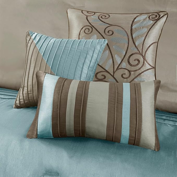 Madison Park Amherst Faux Silk Comforter Set-Casual Contemporary Design All Season Down Alternative Bedding, Matching Shams, Bedskirt, Decorative Pillows, Queen(90"x90"), Blue, 7 Piece (MP10-042) - LeafyLoom