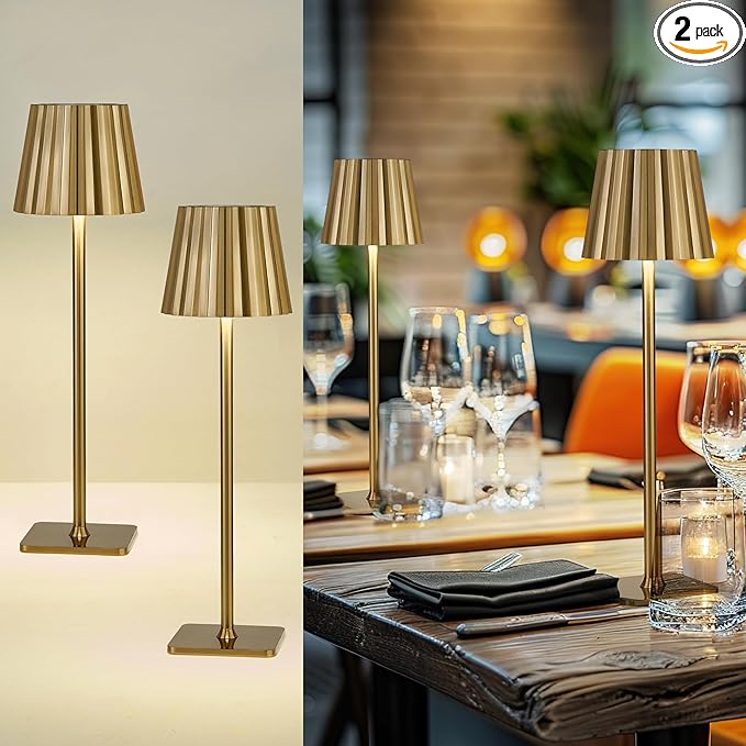 Cordless LED Desk Lamps, Table Lamp with Polisehd Gold Finish, 3 Colors Stepless Dimming, Touch Control 5200mAh Battery Operated for Home Office Restaurant Bedroom Bars (2 Pack), TL02BG-2PK - LeafyLoom