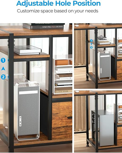 GreenForest 55 inch Computer Desk with Drawers and Outlets, Home Office Desk with Storage and Printer Shelf, Work Desk with Fabric File Drawer, Study Desk with Monitor Stand, Computer Table, Walnut - LeafyLoom