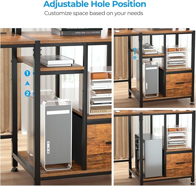 GreenForest 55 inch Computer Desk with Drawers and Outlets, Home Office Desk with Storage and Printer Shelf, Work Desk with Fabric File Drawer, Study Desk with Monitor Stand, Computer Table, Walnut - LeafyLoom