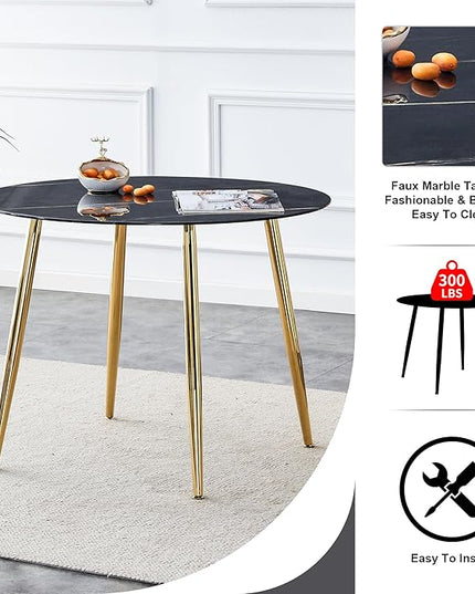 NicBex 40Inch Round Dining Table,Modern Kitchen Table with Imitation Marble Tabletop and Golden Metal Legs for 2 to 4,Leisure Coffee Table for Kitchen,Small Space and Living Room,Easy Clean,Black - LeafyLoom