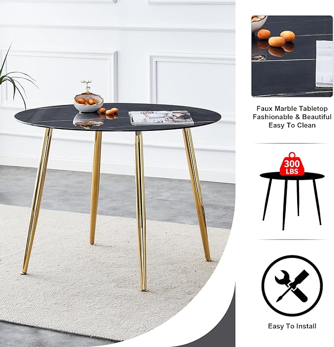 NicBex 40Inch Round Dining Table,Modern Kitchen Table with Imitation Marble Tabletop and Golden Metal Legs for 2 to 4,Leisure Coffee Table for Kitchen,Small Space and Living Room,Easy Clean,Black - LeafyLoom