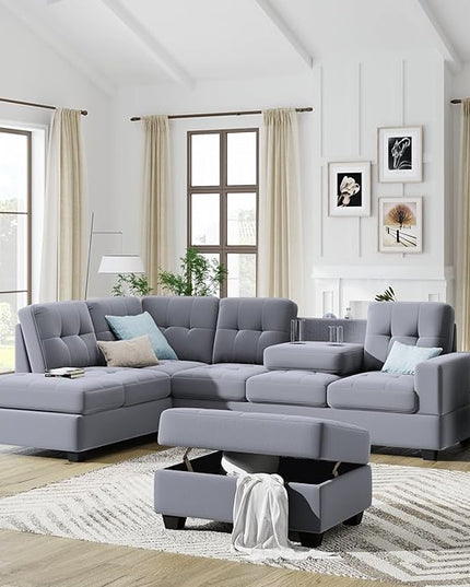 104" Modern L-Shape Sectional Sofa with Reversible Chaise &Storage Ottoman, Velvet Upholstered Couch w/Cup Holder, for Living Room, Apartment, 104 Inch, Gray - LeafyLoom