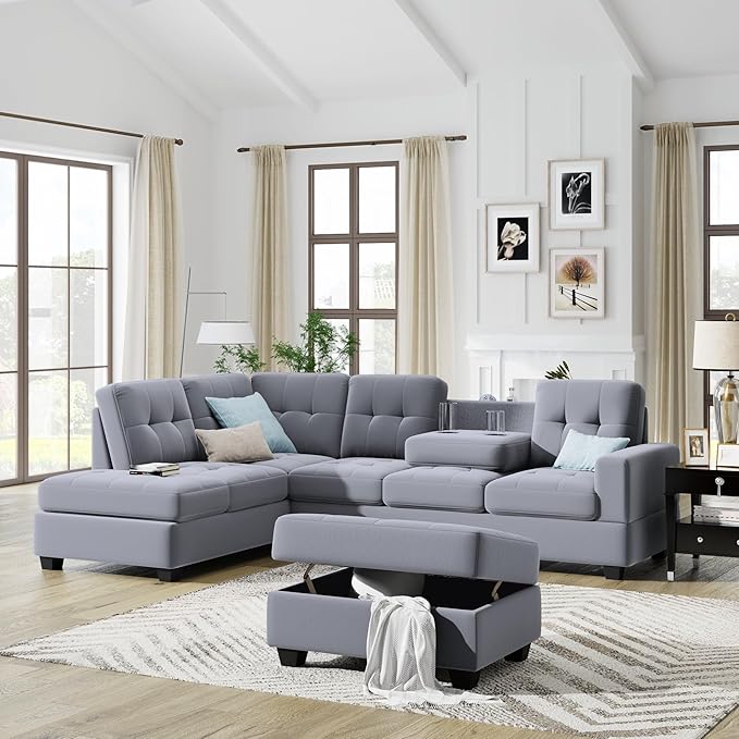 104" Modern L-Shape Sectional Sofa with Reversible Chaise &Storage Ottoman, Velvet Upholstered Couch w/Cup Holder, for Living Room, Apartment, 104 Inch, Gray - LeafyLoom